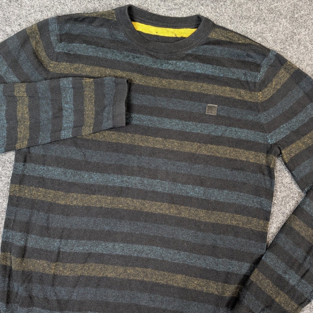 Burton Mens Large Striped Knit Crewneck Sweater Black Blue Yellow Logo
